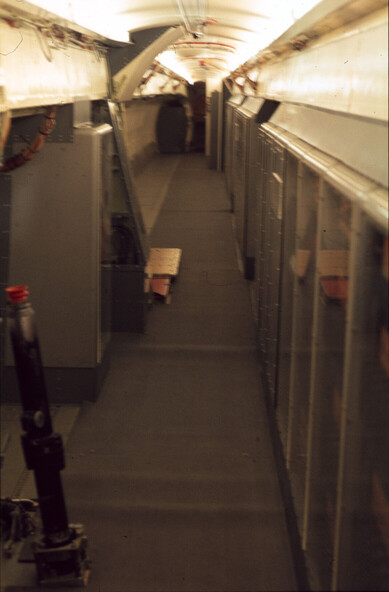 Looking down the cabin, which is all filled with ~19" racks for testkit.