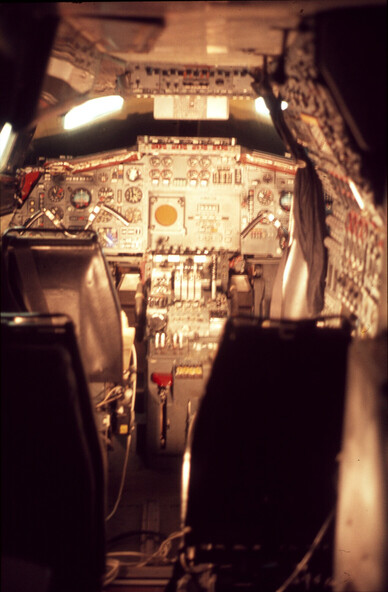 The cramped cockpit, all rather grey and old school tech.  With Concorde's unusual inverted W shaped control handles.