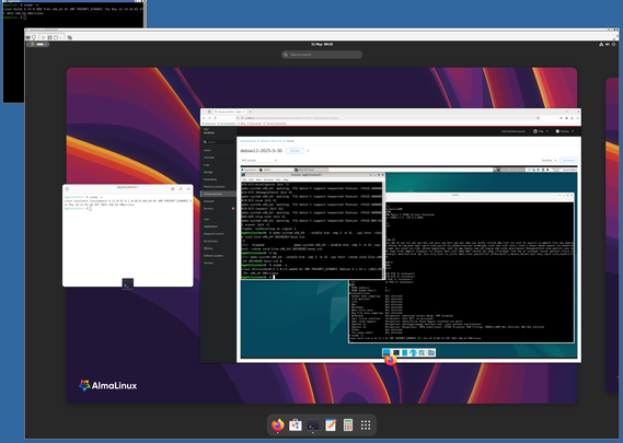 A set of nested windows on a Linux/xfce desktop;
first we have a terminal just showing fedora 42's kernel version; then we have a big virt-manager window with an Alma 10 desktop in it, inside that is a firefox connected to cockpit-virt running a debian VM xfce desktop, and inside that is a qemu running a textual void linux.
