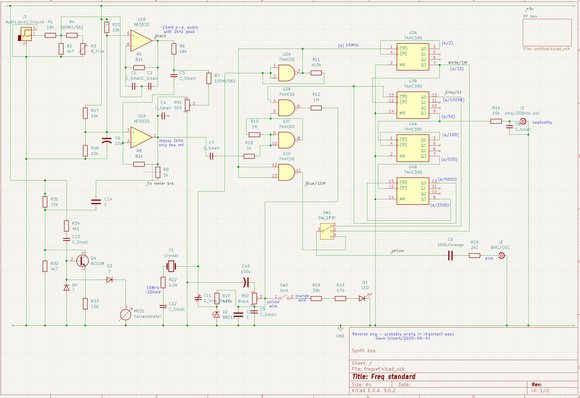 A schematic, screenshotted from kicad.  It's analogue bits and 74 logic.