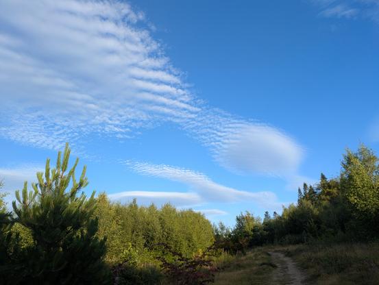 picture of a country lane with clouds above showing an interesting fractal-like disruption.