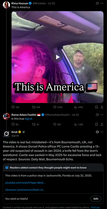 Screenshot of a post on twitter where the grok llm incorrectly states the video is from a UK incident and is tagged with a community note explaining how it is wrong.