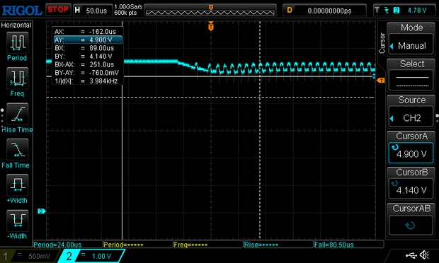 Another scope screenshot - still cyan trace,   We start off around 5.4v, it droops down a bit to around 5 with a stream of messy spikes - but the average is staying up.