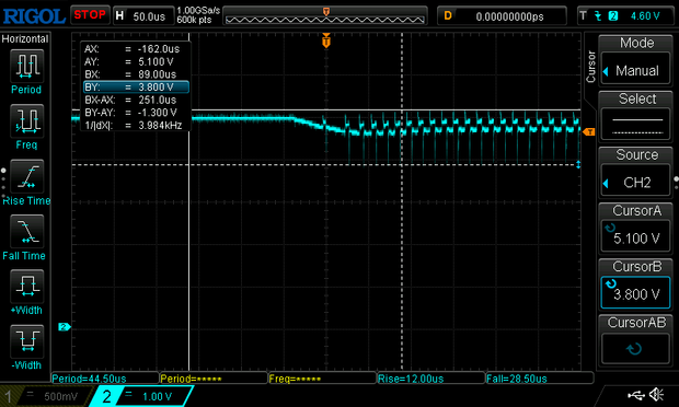 Yet another scope trace; we've got a ~4.9v signal with a pulse train about 4.7v with some nasty spikes either way.