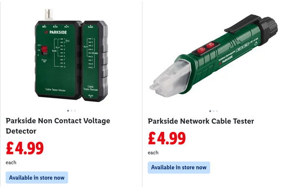 A snapshot from Lidl's website showing a Network cable tester labelled as 'Parkside Non contact voltage detector' and the picture for the cable tester is the picture of the voltage detector. Standard Parkside green.
