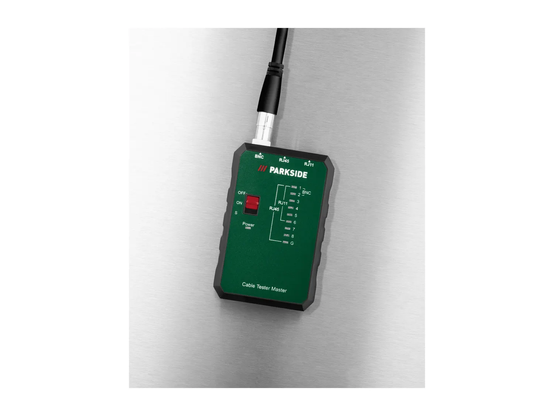 The Lidl Parkside network tester with it's BNC port (in 2025?!) with what looks very much like a Belling lee TV lead plugged into it.