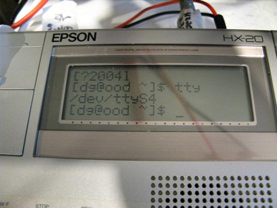 Epson HX-20 LCD displaying a Unix serial console;
[junk]
[dg@ood ~]$ tty
/dev/ttyS4
[dg@ood ~]$