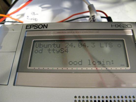 Epson HX 20 LCD displaying an Ubuntu login: prompt