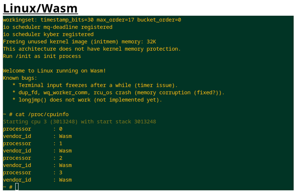 A screenshot of Linux/wasm booting, including a cat /proc/cpuinfo showing the wasm CPUs