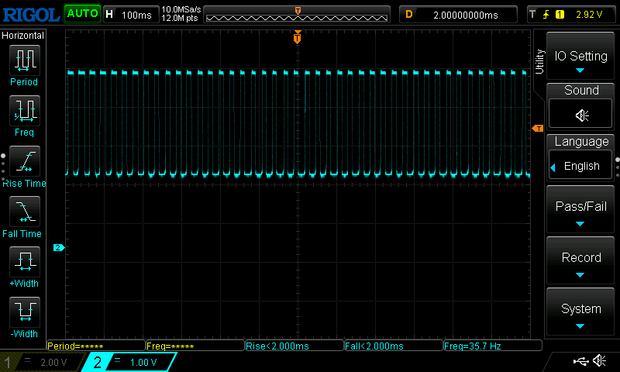 A scope trace showing a roughish square wave at about 35.7Hz