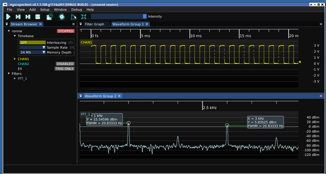 An oscilloscope-like display captured from Linux, showing one channel of my scope with a 1kHz reference and an FFT calculated by ngscopeclient
