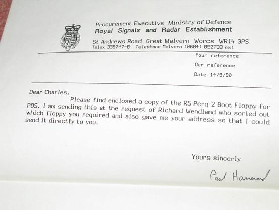 A letter from Royal Signals and Radar Establishment, dated 1990 to go with a 'R5 Perq2 Boot Floppy for POS'