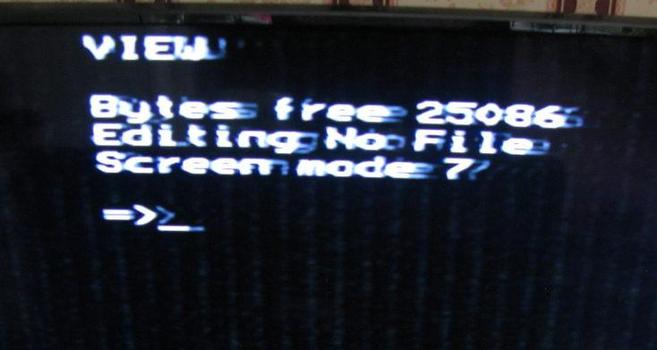 A picture of a TV cropped show it's showing a (fuzzy) 'VIEW Bytes free 25086   Editing No File    Screen mode 7 =>