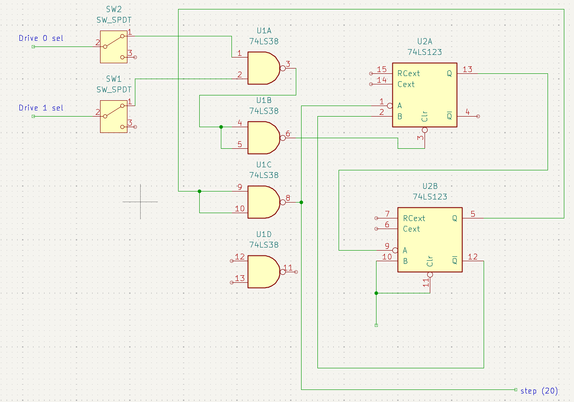A rough schematic of a small 74 logic board, with a 74LS38 opencollector NAND set, and a 74LS123 dual monostable; the two monostables seem to be coupled in a little loop.  One output of the 38 goes to the step line and also to the A input of one of the monstables.