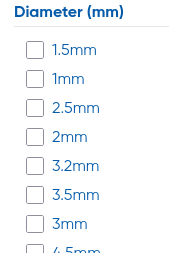 A list labelled 'Diameter (mm) with check boxes for 1.5mm,1mm, 2.5mm, 2mm, .3.2mm,3.5mm,3mm,4.5mm - in that odd order