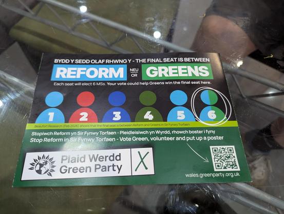 green party election infographic showing 5 "people" in various party colours with the sixth half light blue and half green.