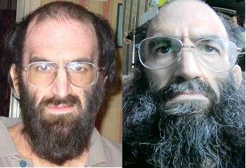 Two pictures of me, the left hand side was taken about 2013, right hand side just now, 2026.  In both I have the same lack of style in big geeky glasses coupled with a big beard.  The new one is much greyer.