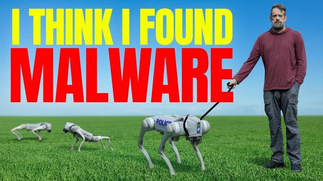 3 robot dogs frolicking, one on a leash. The caption reads "I think I found malware"