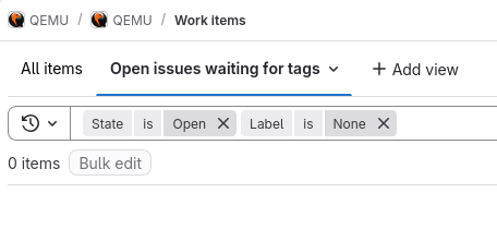 Screenshot of the QEMU "Work Items" page showing 0 unlabelled items in the open state.
