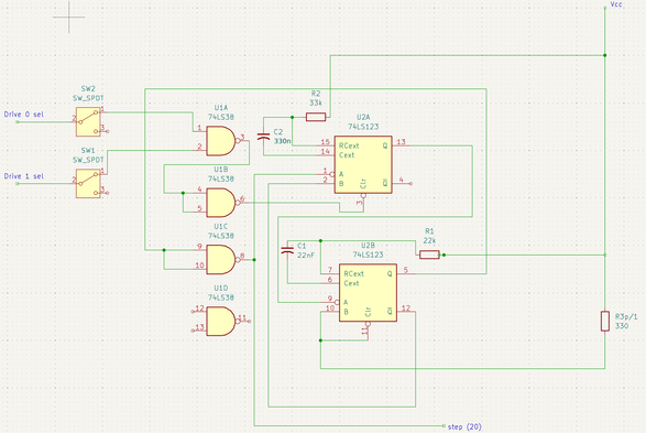 A schematic, showing a double step circuit made from a 74LS38 quad open collector Nand and a 74LS123 dual monostable. Hmm.