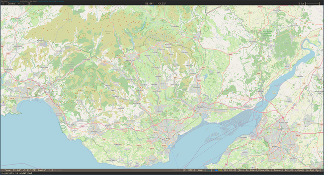Rendered map showing a portion of South Wales on Open Street Map in an Emacs frame.