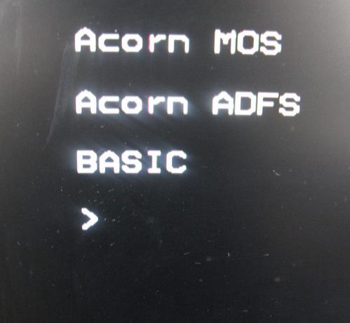 A good BBC Master startup with 'Acorn MOS', 'Acorn ADFS', 'BASIC' and a '>' prompt in Mode 7