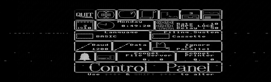 BBC Master Welcome disc control panel with entries for tv, sound, etc - it's white on black.