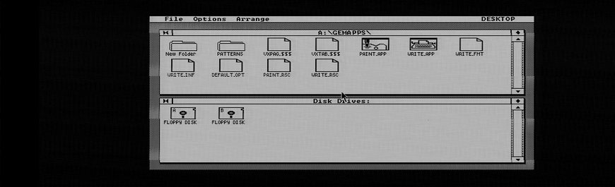 A GEM for DOS from page, showing two floppy drives and a number of folders (in black and white)