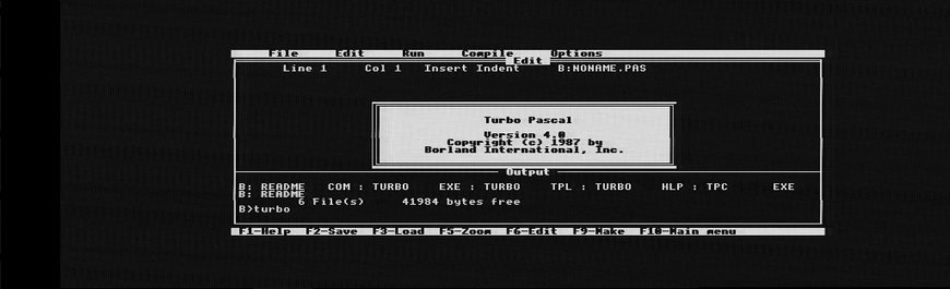 A Turbo PASCAL (DOS) front screen - in black and white